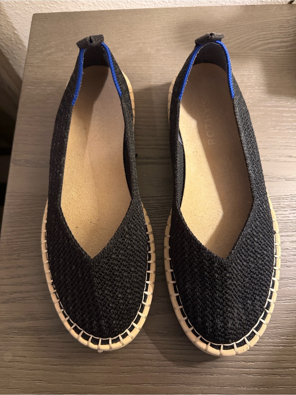 Rothy's Black Espadrille Flats with Blue Trim